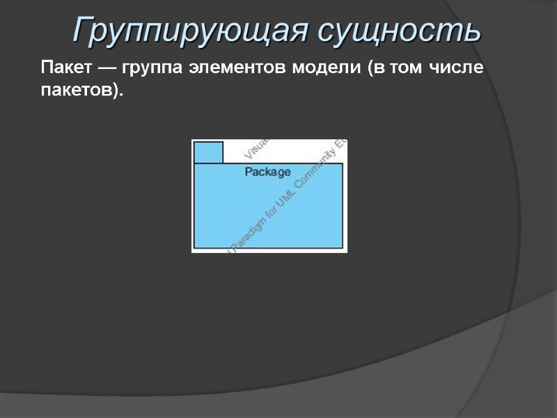 Группирующая сущность Пакет — группа элементов модели (в том числе пакетов).